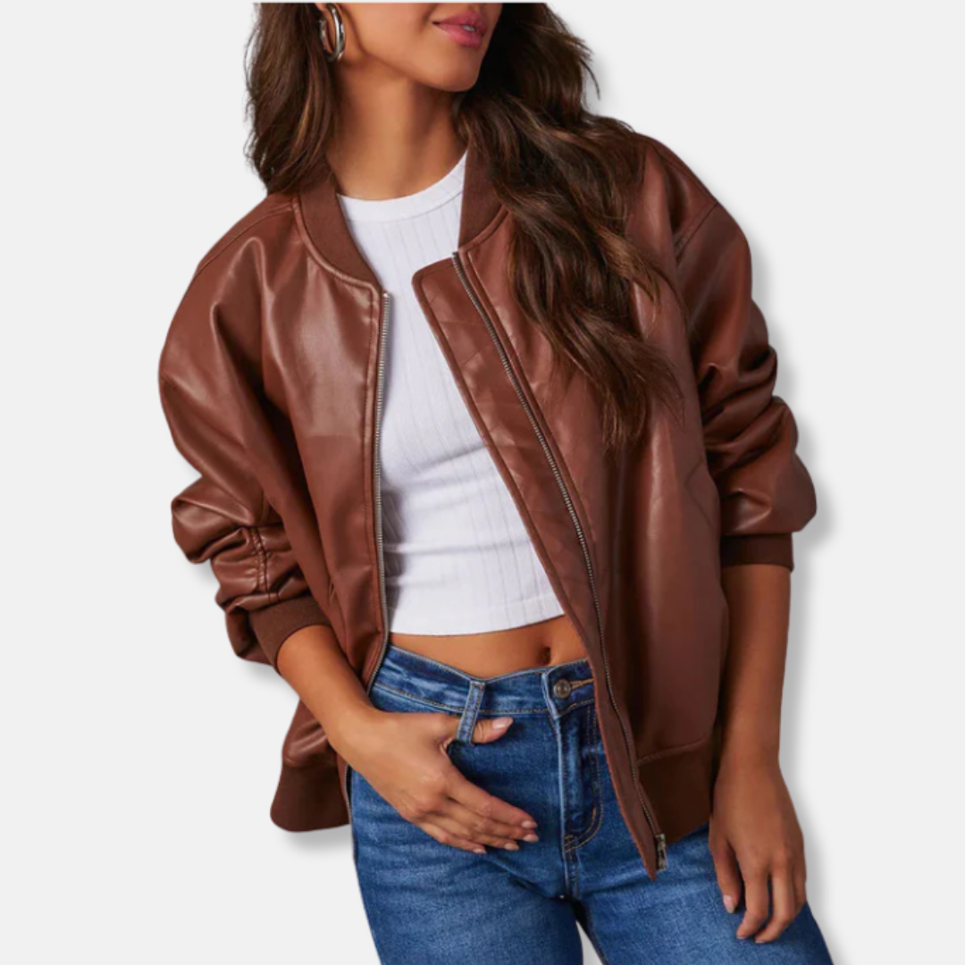 Women’s Leather Jacket – Oversized Relaxed Fit – Ribbed Trim – Full Zip Closure