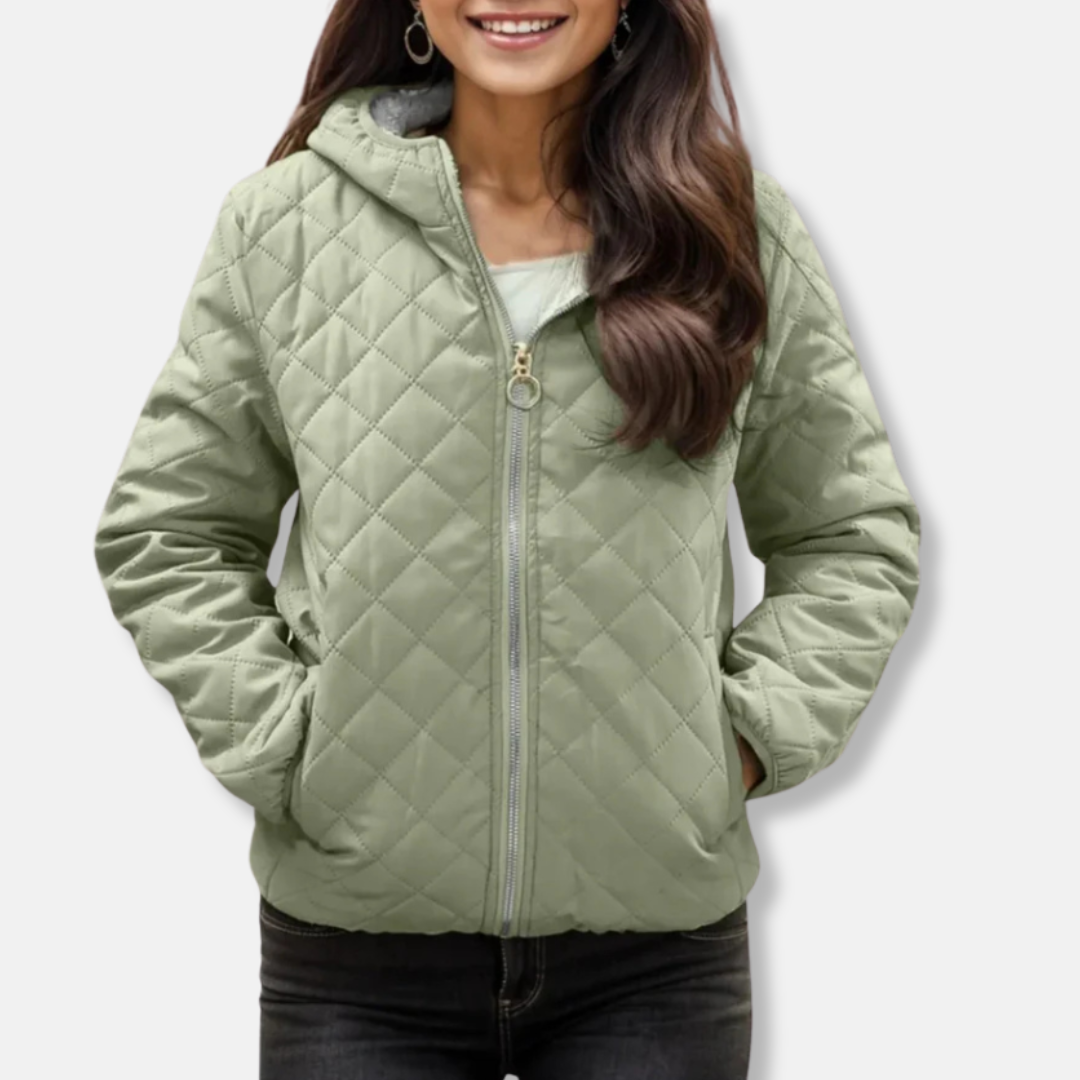 Women’s Quilted Jacket – Relaxed Fit – Diamond Stitch – Hooded – Zip Front – Elastic Hem
