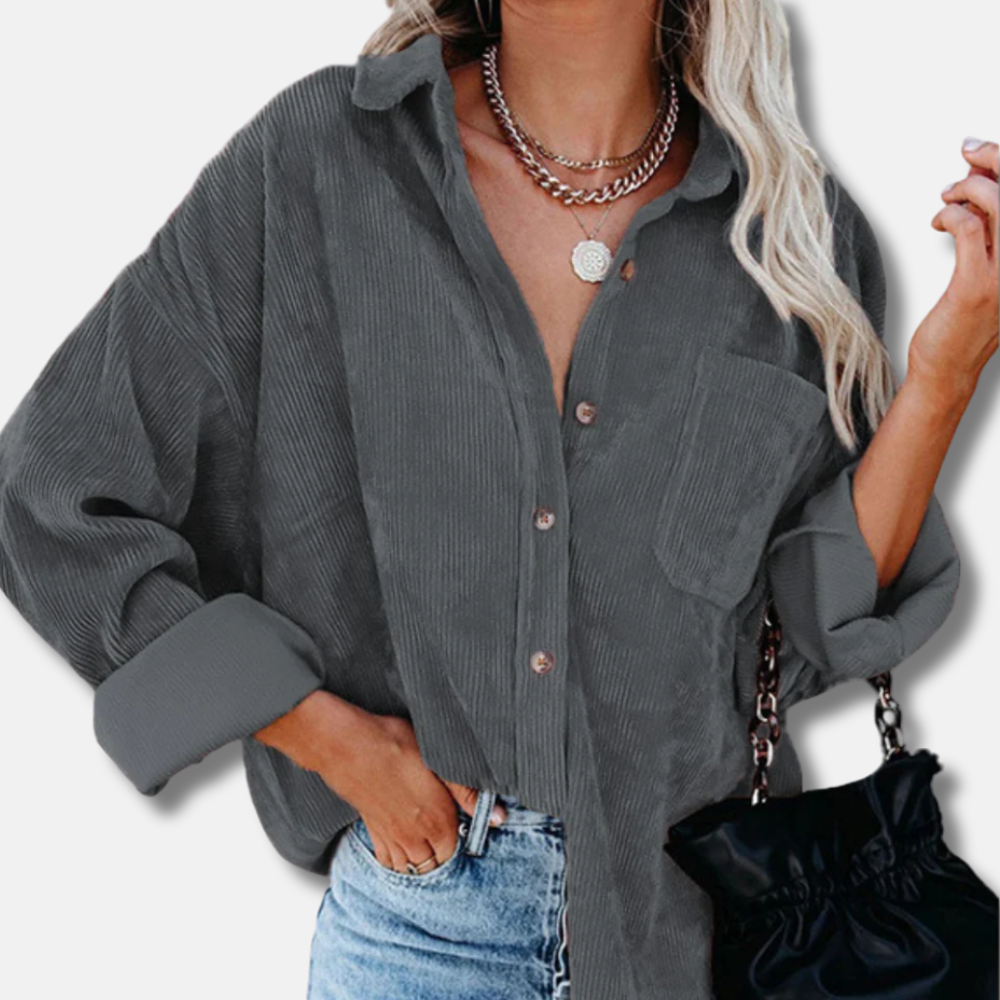 Women’s Corduroy Shirt – Oversized Fit – Button-Up – Ribbed Texture – Hip Length