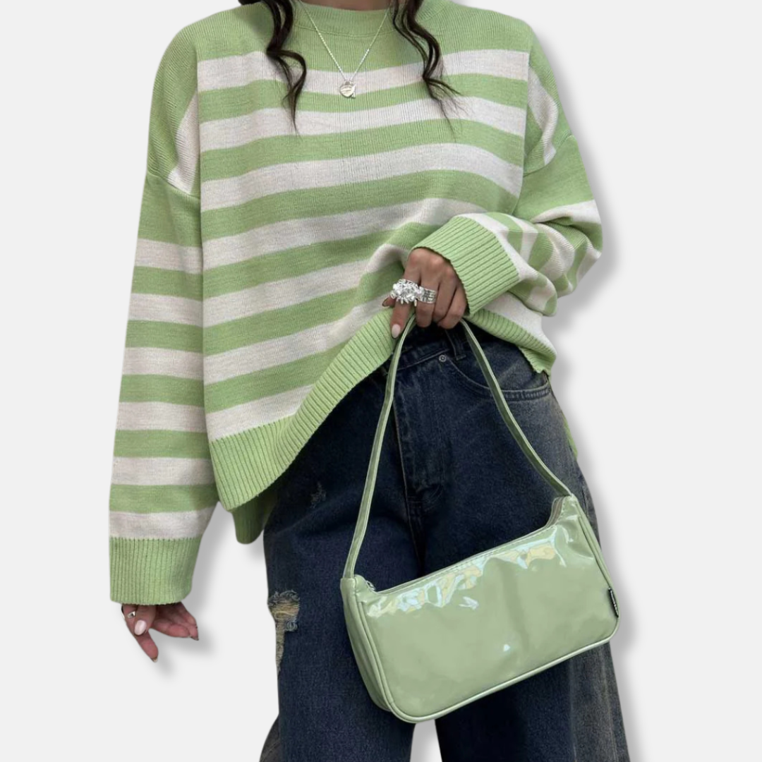 Women’s Pullover Sweatshirt – Loose Fit – Striped Knit – Ribbed Hem and Cuffs