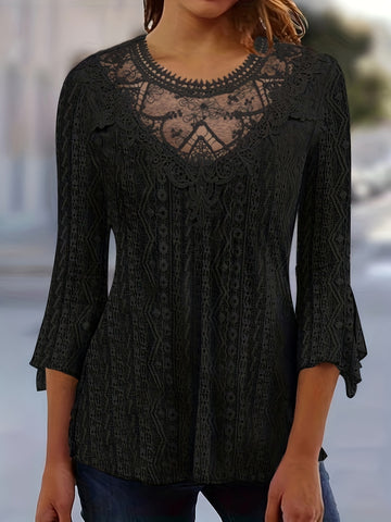 Lace trim 3/4 sleeve blouse for women