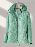 Women's camouflage jacket for outdoor activities, featuring a removable hood and waterproof design.