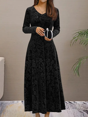 Women's Flared Dress - Prom Dress - V-Neck - Long Sleeve - Elegant Textured Fabric