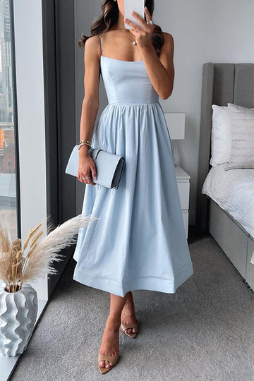 Women's Midi Dress - Spaghetti Strap - Square Neck - Flared Skirt - Elegant Fit
