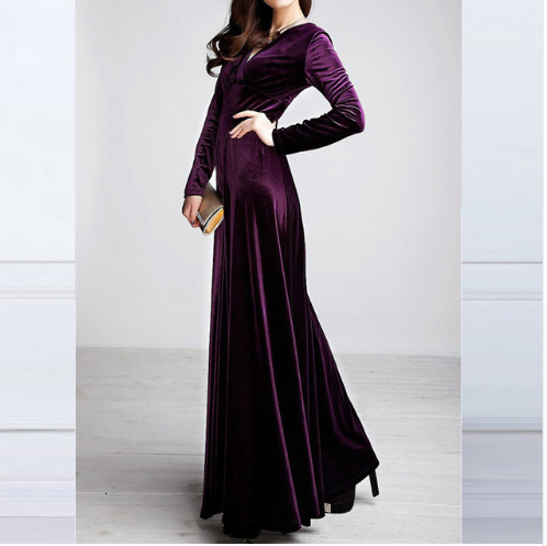 Women's Warm Dress - Velvet Fabric - V-Neck - Long Sleeve - Full Length Elegant Fit
