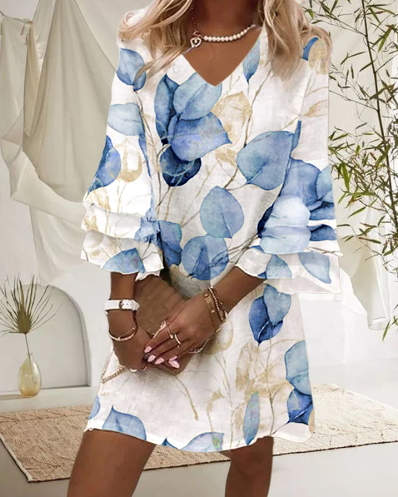 Women's V-Neck Dress - Lightweight Flowing Fit - Three-Quarter Ruffle Sleeves - Printed Elegant Style