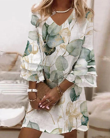 Women's V-Neck Dress - Lightweight Flowing Fit - Three-Quarter Ruffle Sleeves - Printed Elegant Style