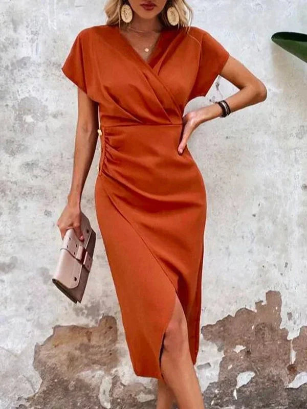 Women's Wrap Dress - V-Neck Midi - Short Sleeve Elegant Fit - Lightweight & Breathable