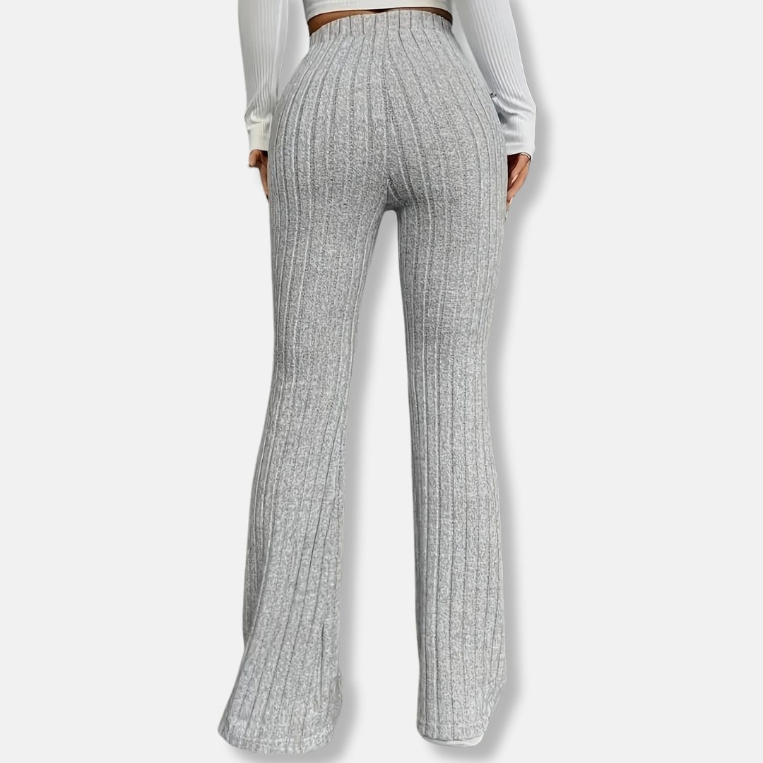 Women’s Trousers – Slim Fit – High Waist – Ribbed Knit Stretch – Flared Leg – Full Length