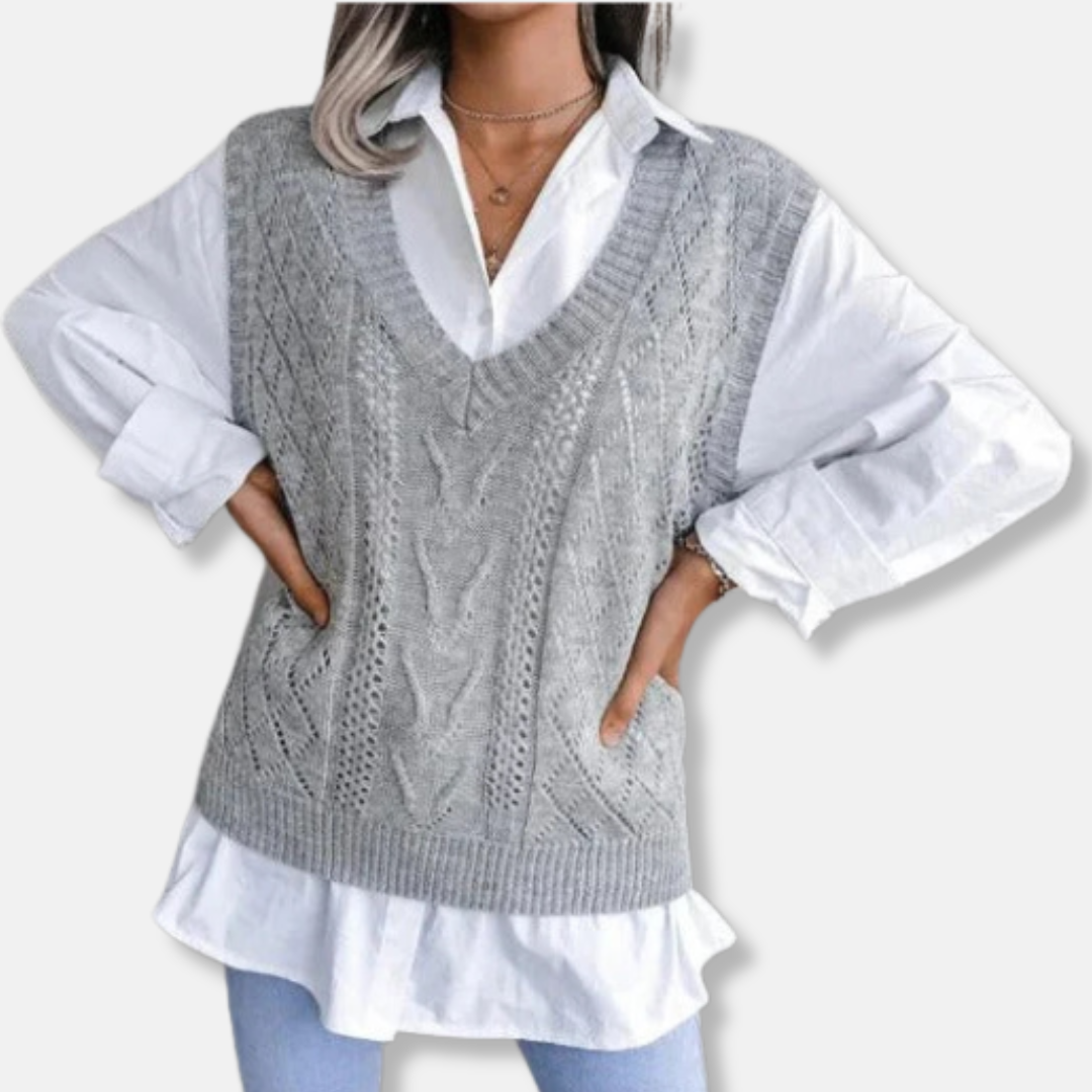Women’s Knitted Vest – Relaxed Fit – Cable Knit – V-Neck – Hip Length Layering Piece