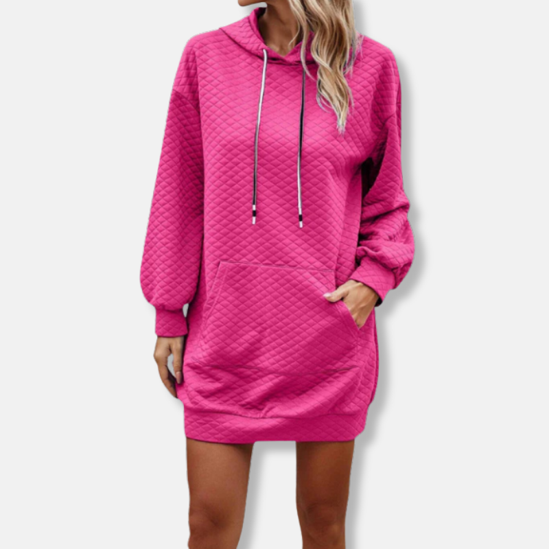 Women’s Hooded Mini Dress – Quilted Texture – Oversized Fit – Long Sleeve Pouch Pocket