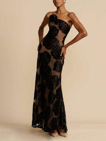 Women's Maxi Dress - Strapless Floral Appliqué - Elegant Formal Evening Gown