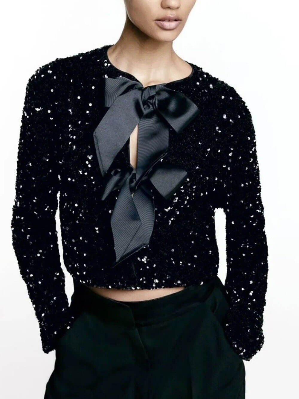 Women’s Cropped Jacket – Sequined Tie-Front – Structured Fit – Evening Statement Piece