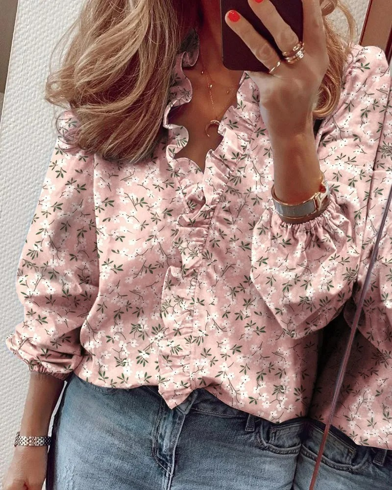 V-Neck Ruffle Long Sleeve Blouse for Women