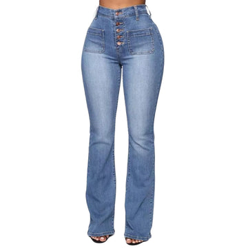 Women's High-Waisted Flare Jeans - Button Front - Slim Fit - Retro 70s Style