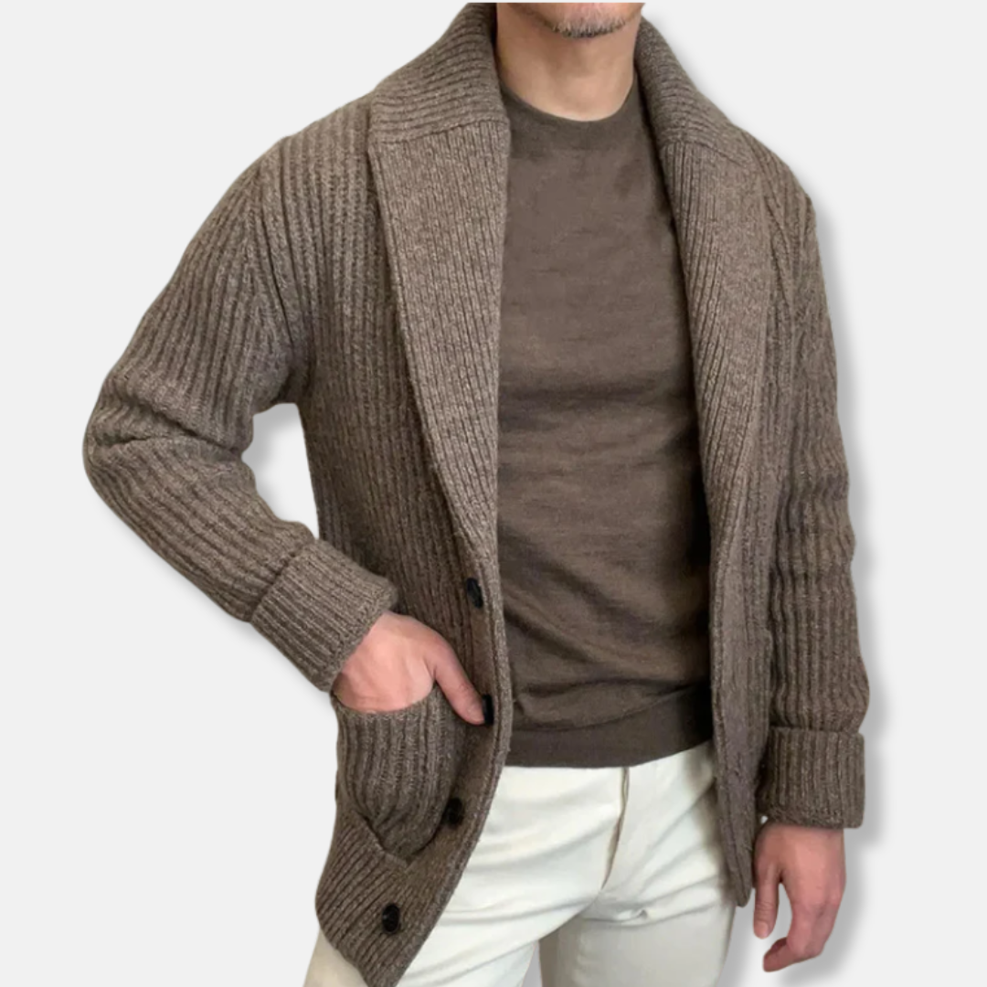 Men’s Knitted Cardigan – Wool Blend – Relaxed Fit – Shawl Collar – Button Front – Ribbed