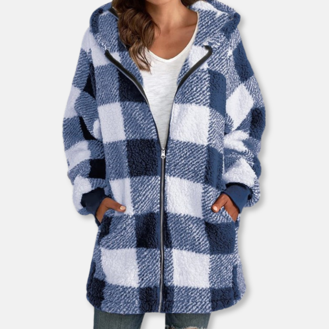 Women’s Hooded Jacket – Oversized Fit – Soft Knit – Check Pattern – Full Zip – Casual Layer