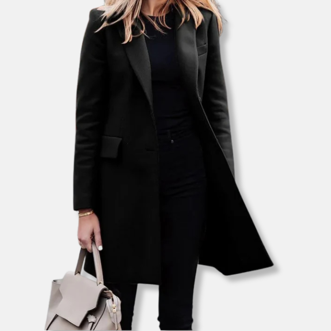 Women’s Longline Coat – Tailored Fit – Wool Texture – Notched Lapels – Flap Pockets