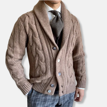 Men’s Knit Cardigan – Wool Blend – Regular Fit – Cable Knit – Shawl Collar – Button Down