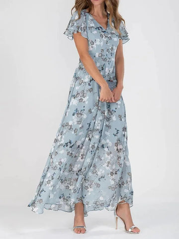 Women’s Midi Dress – Floral Print – V-Neck – Flutter Sleeve – Flowing Silhouette