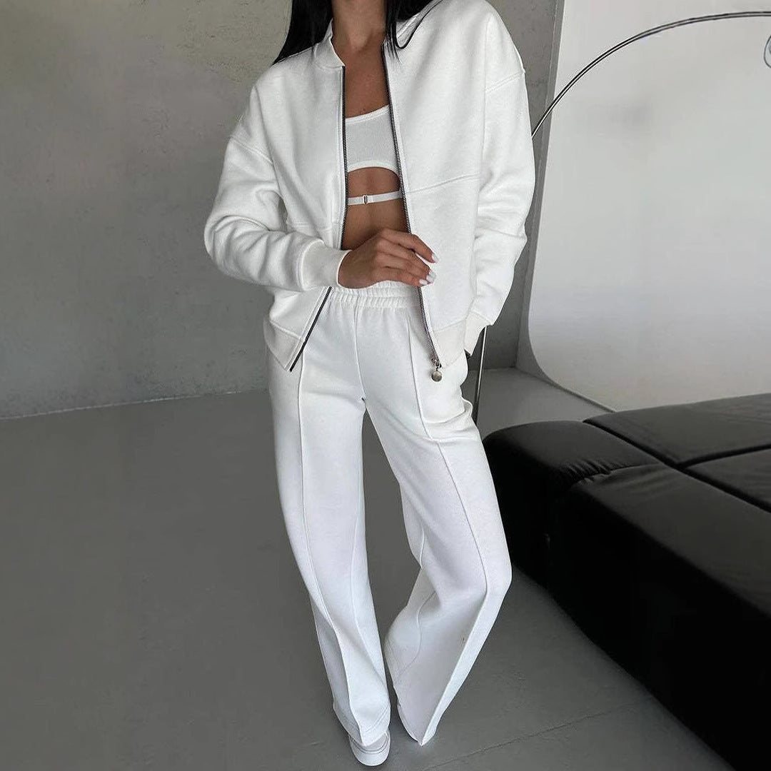 Women’s Tracksuit Set – Relaxed Fit Zip-Up Jacket – Wide-Leg High Waist Pants