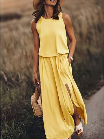 Women's Maxi Dress - Sleeveless Relaxed Fit - Lightweight Modal - Side Slit Elegant Style