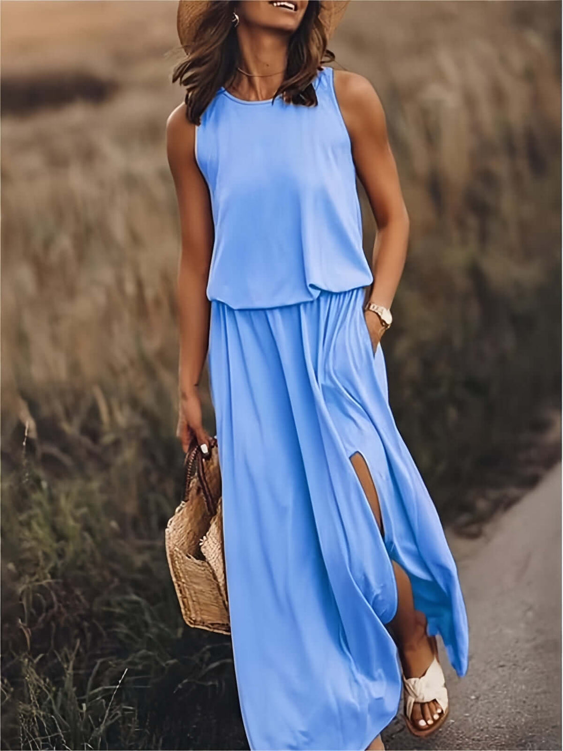 Women's Maxi Dress - Sleeveless Relaxed Fit - Lightweight Modal - Side Slit Elegant Style