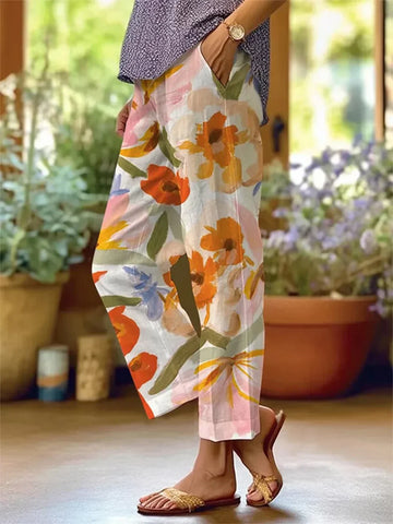 Women’s Wide-Leg Trousers – Breathable Blend – Relaxed Fit – Floral Print – Full Length