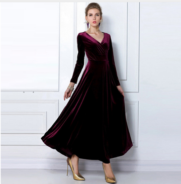 Women's Warm Dress - Velvet Fabric - V-Neck - Long Sleeve - Full Length Elegant Fit