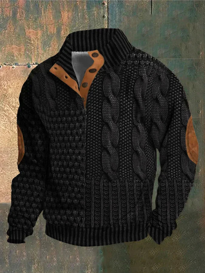 Men's cable design sweater with elbow patches: A stylish and warm winter knit.