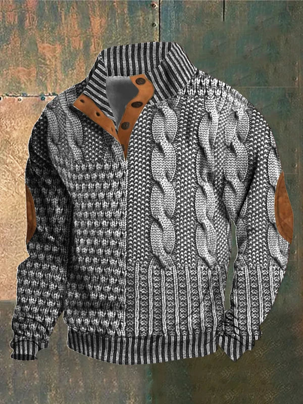 Men's cable design sweater with elbow patches: A stylish and warm winter knit.