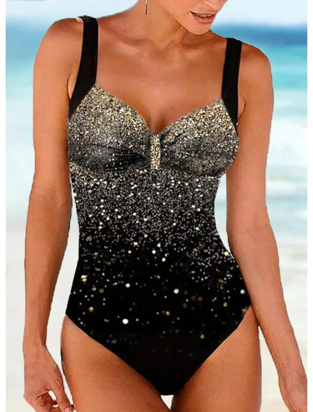 Women’s One-Piece Swimsuit – Sequin Print – Wide Straps – Form-Fitting – Shimmer Detail