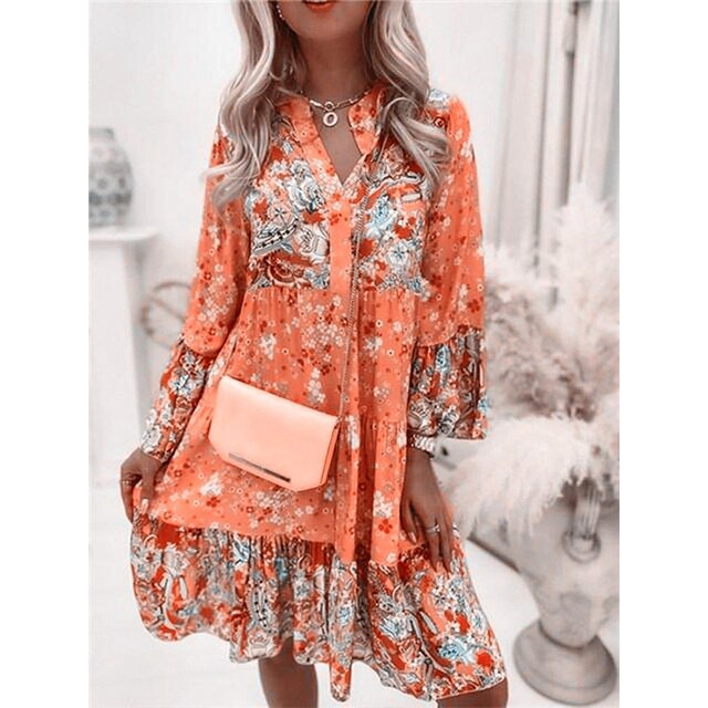 Women's Floral Print Dress - Loose Fit A-Line - Long Sleeve Tiered Lightweight Design