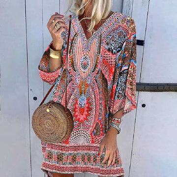 Women's Kaftan Dress - V-Neck - Loose Fit - Lightweight Boho Paisley Print
