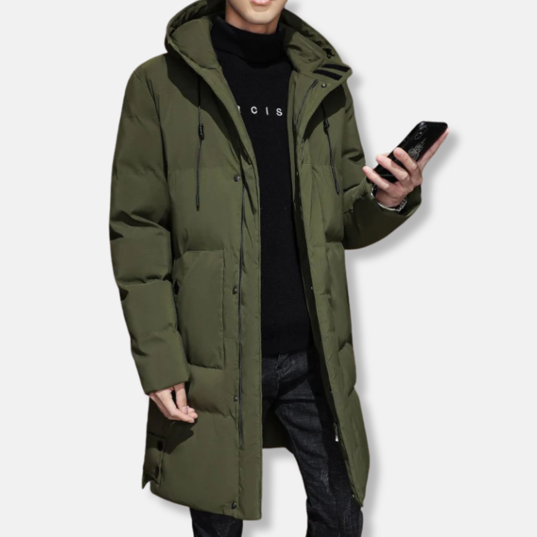Men’s Long Jacket – Quilted Insulation – Hooded – Regular Fit – Ribbed Cuffs – Zip Front