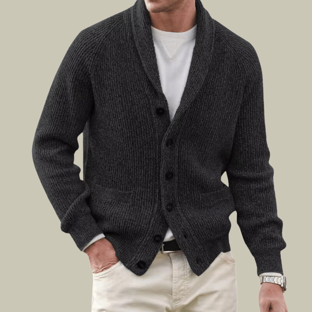 Men’s Knitted Cardigan – Relaxed Fit – Ribbed Texture – Shawl Collar – Button Front