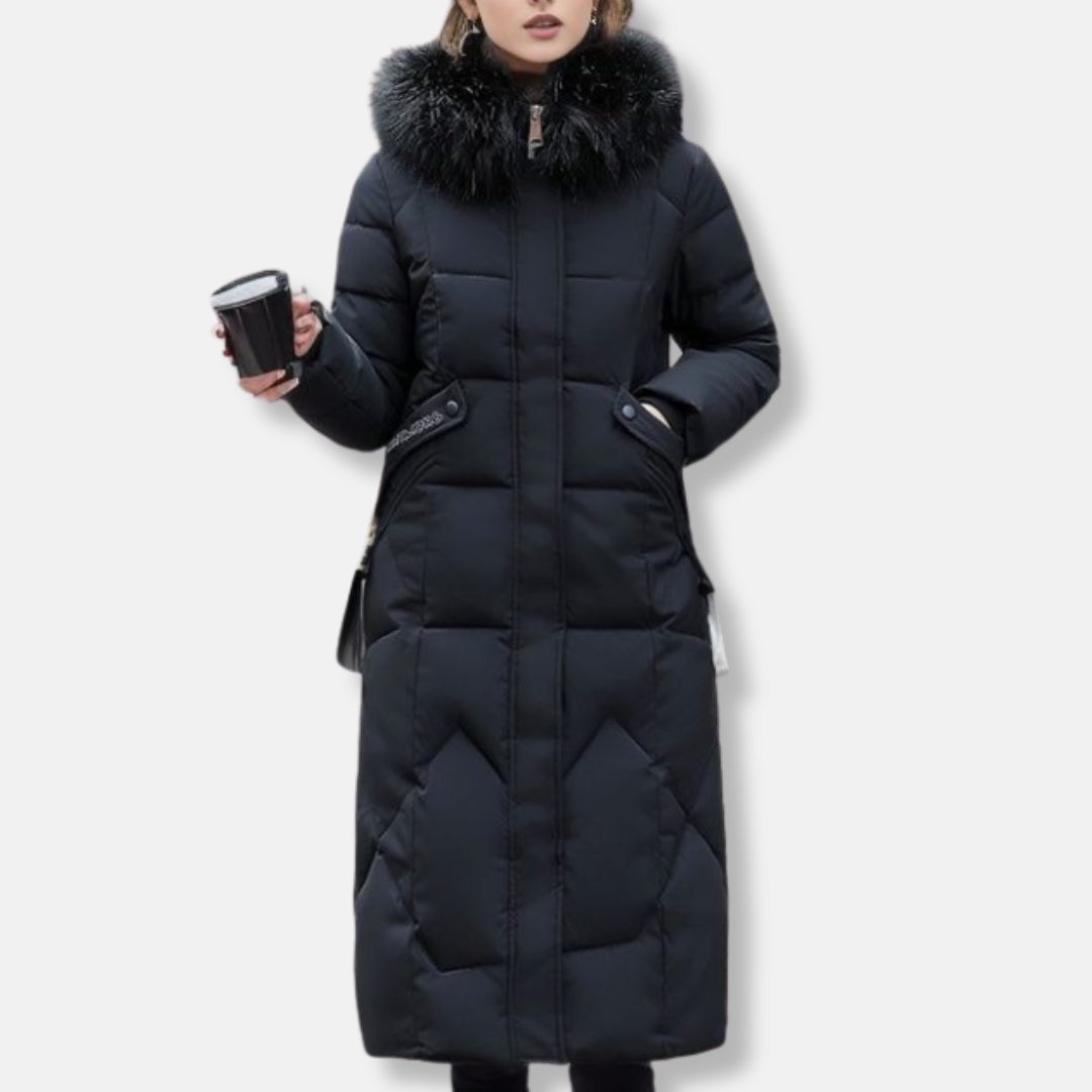 Women’s Padded Coat – Slim Fit – Quilted Design – Detachable Fur Collar – Full Length