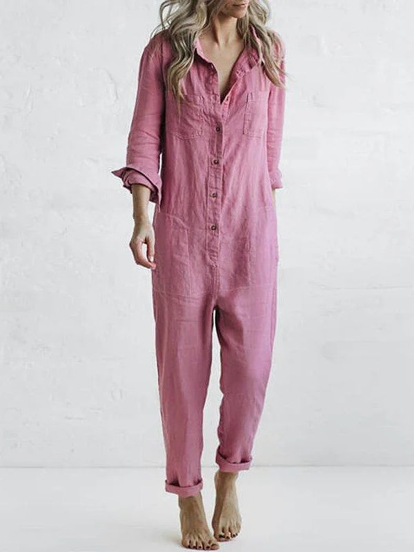 Women's button-down long sleeve jumpsuit in soft cotton-blend fabric with adjustable waist tie and utility pockets.
