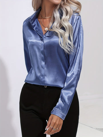 Women's Blouse - Silky Satin - Collared Neckline - Long Sleeve Buttoned Cuffs