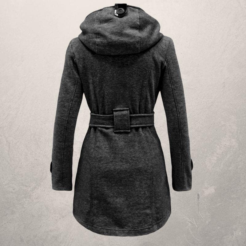 Women’s Hooded Coat – Wool Blend – Double Breasted – Belted Waist – Mid Length