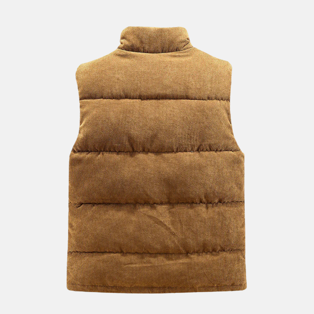 Men’s Quilted Vest – Corduroy – Padded Layer – Stand Collar – Snap Front – Casual Fit