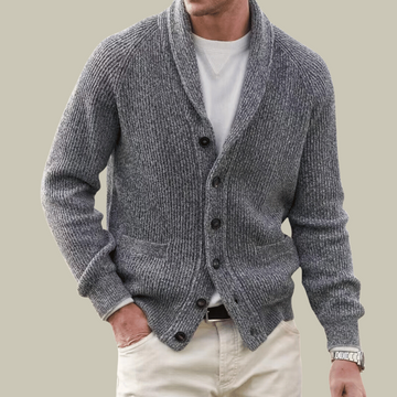 Men’s Knitted Cardigan – Relaxed Fit – Ribbed Texture – Shawl Collar – Button Front