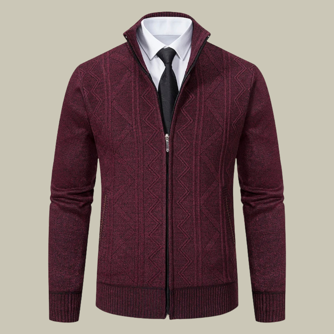 Men’s Cardigan – Slim Fit Wool Knit – Full Zip – Ribbed Cuffs – Business Wear