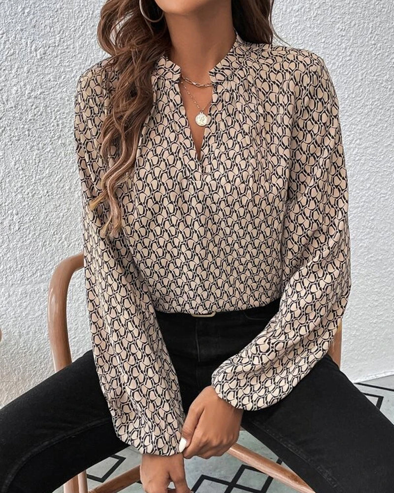 Women's Blouse - Loose Fit - Long Sleeve - V-Neck - Geometric Pattern - Lightweight & Flowy