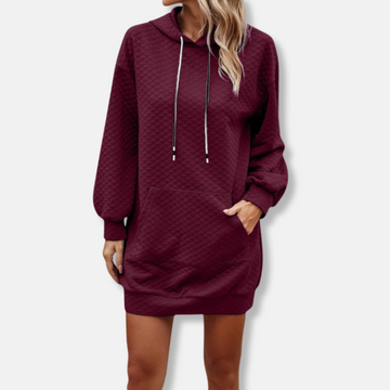 Women’s Hooded Mini Dress – Quilted Texture – Oversized Fit – Long Sleeve Pouch Pocket