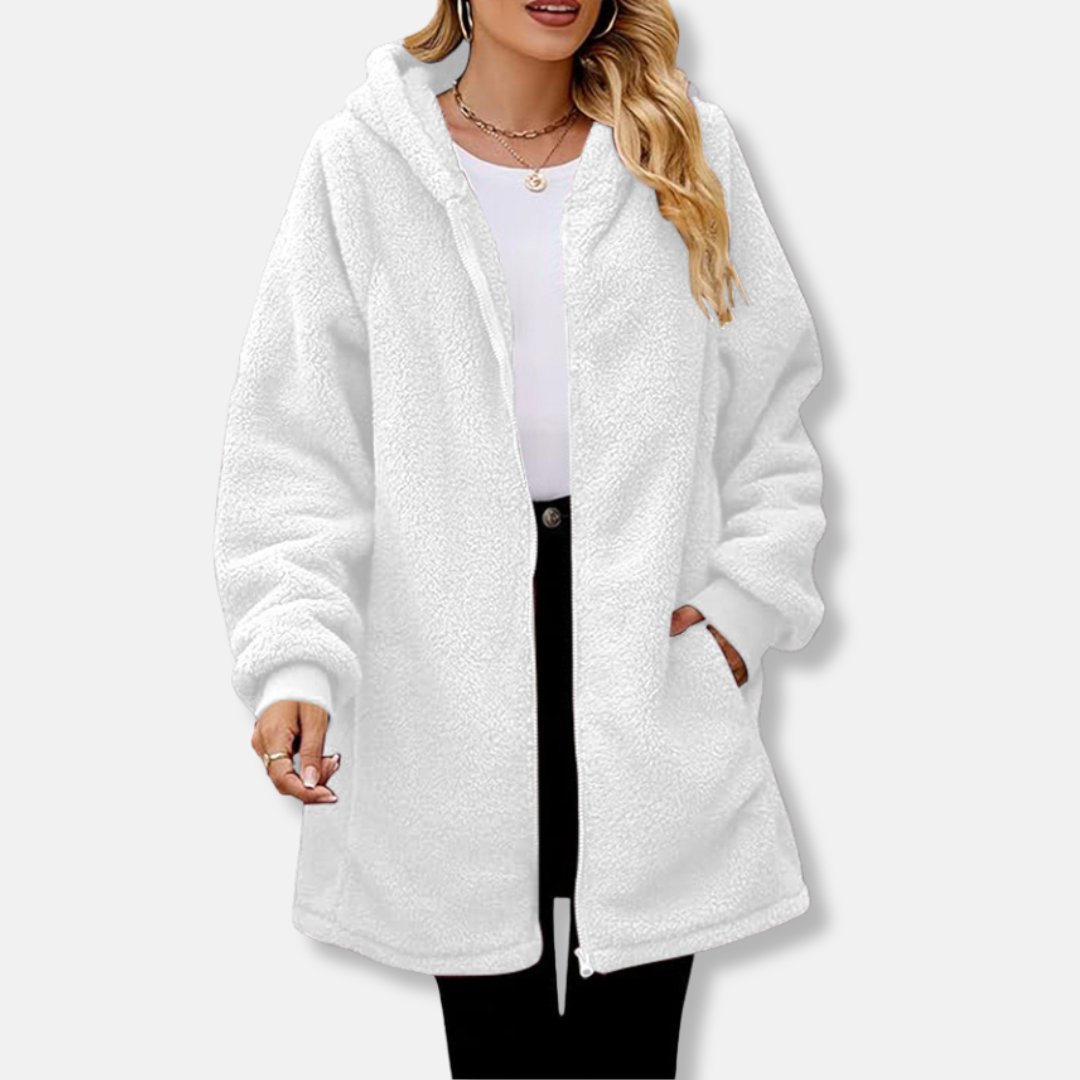 Women’s Hooded Zipper Jacket – Plush Oversized Fit – Ribbed Cuffs – Mid-Length Layer
