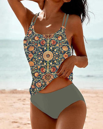 Women’s Tankini Swimsuit – Relaxed Fit – Geometric Print – Adjustable Straps – Two Piece