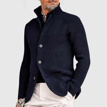 Men’s Knit Cardigan Jacket - Button Front - High Collar - Warm Textured Fabric