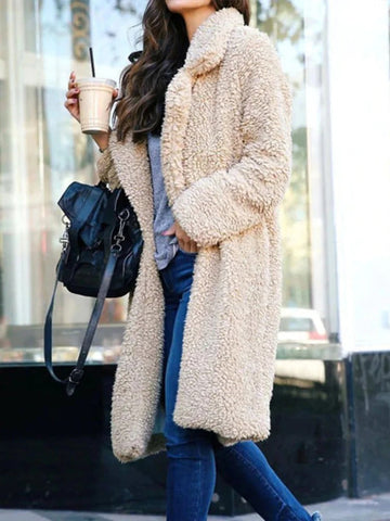 Women's Shearling Coat - Wide Lapel - Open Front - Soft Textured Warm Outerwear