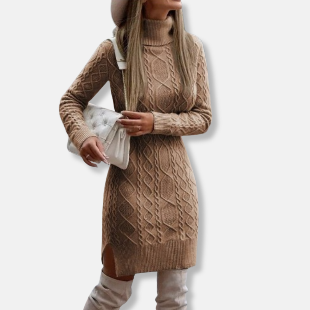 Women’s Mini Dress – Cable Knit Wool Blend – Slim Fit – Turtleneck – Long Sleeve – Side Slit